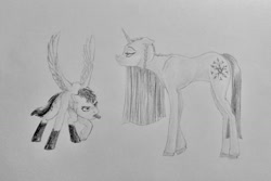 Size: 1280x854 | Tagged: safe, artist:joestick, oc, species:pegasus, species:pony, species:unicorn, duo, duo female, female, pencil drawing, simple background, socks (coat marking), tongue out, traditional art