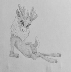 Size: 1194x1209 | Tagged: safe, artist:joestick, community related, character:velvet reindeer, species:deer, species:reindeer, them's fightin' herds, bedroom eyes, cloven hooves, fanart, female, lying down, pencil drawing, simple background, solo, tail, traditional art