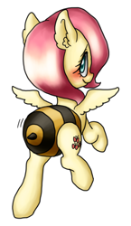 Size: 510x877 | Tagged: safe, artist:shusu, character:fluttershy, species:pegasus, species:pony, animal costume, bee costume, blushing, clothing, costume, female, flutterbee, smiling, solo, wiggle