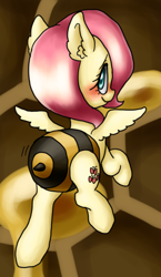 Size: 510x877 | Tagged: safe, artist:shusu, character:fluttershy, species:pegasus, species:pony, animal costume, bee costume, blushing, clothing, costume, female, flutterbee, honeycomb (structure), smiling, solo, wiggle