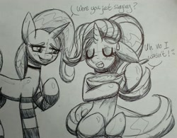 Size: 3002x2340 | Tagged: safe, artist:katkathasahathat, character:starlight glimmer, character:trixie, species:pony, species:unicorn, baking, blushing, clothing, cooking, dialogue, duo, eyes closed, sketch, socks, striped socks, sweat, traditional art