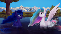 Size: 1920x1080 | Tagged: safe, artist:quvr, character:princess celestia, character:princess luna, species:alicorn, species:pony, behaving like a duck, duo, female, mare, missing accessory, mountain, mountain range, royal sisters, spread wings, swanlestia, swanluna, swimming, tree, water, wings