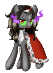 Size: 627x859 | Tagged: safe, artist:shusu, character:king sombra, species:pony, species:unicorn, curved horn, glowing eyes, queen umbra, rule 63, simple background, smiling, solo, sombra eyes, white background