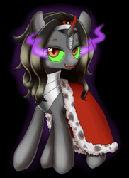 Size: 627x859 | Tagged: safe, artist:shusu, character:king sombra, species:pony, species:unicorn, black background, curved horn, glowing eyes, queen umbra, rule 63, simple background, smiling, solo, sombra eyes