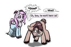 Size: 3480x2340 | Tagged: safe, artist:fluor1te, oc, oc only, oc:beryl (discoshy), oc:iron granite, parent:big macintosh, parent:discord, parent:fluttershy, parent:marble pie, parents:discoshy, parents:marblemac, clothing, dialogue, dress, female, hybrid, interspecies offspring, male, multiple pregnancy, oc x oc, offscreen character, offspring, offspring shipping, pregnant, protecting, shipping, simple background, speech bubble, straight, transparent background