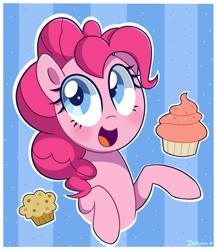 Size: 2000x2300 | Tagged: safe, artist:darkynez, character:pinkie pie, species:earth pony, species:pony, blushing, cupcake, cute, female, food, happy, mare, muffin, smiling, solo, sprinkles