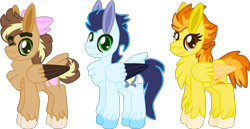 Size: 2174x1122 | Tagged: safe, artist:casanova-mew, character:soarin', character:spitfire, oc, oc:dusty winds, parent:soarin', parent:spitfire, parents:soarinfire, species:pegasus, species:pony, ship:soarinfire, female, male, mare, offspring, shipping, simple background, straight, transparent background, two toned wings