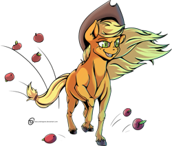 Size: 1195x1011 | Tagged: safe, artist:obscuredragone, character:applejack, species:earth pony, species:pony, apple, clothing, female, food, grin, hat, mane, mare, raised hoof, realistic horse legs, simple background, smiling, solo, transparent background, wind, windswept mane