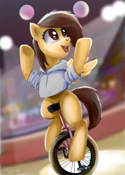 Size: 1000x1400 | Tagged: safe, artist:hardbrony, oc, oc only, species:earth pony, species:pony, circus, crowd, juggling, performer, solo, spotlight, underhoof, unicycle