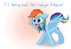 Size: 1197x834 | Tagged: safe, artist:adequality, artist:mcsadat, edit, editor:anonymous, character:rainbow dash, species:pegasus, species:pony, bronybait, cute, dashabetes, demands, dialogue, female, floppy ears, frown, gradient background, hug, hug request, mare, needy, open mouth, pointless edit, rainbow dash presents, solo, spread wings, wide eyes, wings