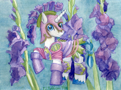 Size: 3532x2630 | Tagged: safe, artist:kelseyleah, character:shining armor, species:pony, species:unicorn, armor, braided tail, flower, high res, looking at you, male, raised hoof, solo, stallion, tail band, traditional art