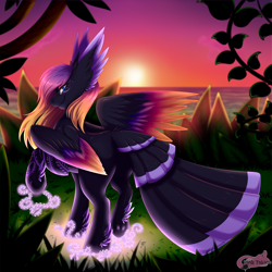 Size: 2400x2400 | Tagged: safe, artist:pinktabico, oc, oc only, oc:blooming lotus, species:pegasus, species:pony, colored wings, colored wingtips, commission, feathered ears, feathered fetlocks, female, gradient wings, grass, looking at you, looking back, looking back at you, mare, multicolored hair, multicolored wings, ocean, raised hoof, rear view, sky, smiling, solo, spread wings, standing, sunset, tail feathers, underhoof, water, wings