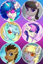 Size: 1200x1800 | Tagged: safe, artist:serenity, character:bon bon, character:derpy hooves, character:dj pon-3, character:doctor whooves, character:lyra heartstrings, character:octavia melody, character:sweetie drops, character:time turner, character:vinyl scratch, species:earth pony, species:pony, species:unicorn, bow tie, doctor who, female, looking at you, male, mare, one eye closed, smiling, sonic screwdriver, stallion, the doctor, tongue out, wink