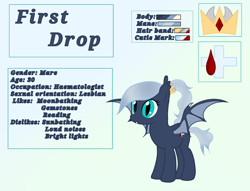 Size: 1816x1384 | Tagged: safe, artist:fimbulvinter, oc, oc only, oc:first drop, species:bat pony, bat pony oc, fangs, reference sheet, solo