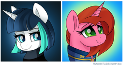 Size: 1024x548 | Tagged: safe, artist:thenornonthego, oc, oc only, oc:cherry pin, oc:dragonfire, species:pony, species:unicorn, fallout equestria, clothing, fallout, fallout equestria: child of the stars, female, mare, smiling