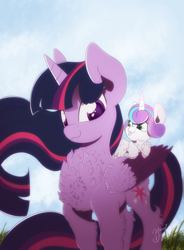 Size: 1024x1388 | Tagged: safe, artist:hagalazka, character:princess flurry heart, character:twilight sparkle, character:twilight sparkle (alicorn), species:alicorn, species:pony, :3, aunt and niece, baby, baby pony, best aunt ever, blep, chest fluff, colored pupils, colored wings, colored wingtips, cute, fluffy, flurrybetes, foal, leaning, leg fluff, multicolored wings, neck fluff, ponies riding ponies, silly, smiling, tongue out, wing fluff