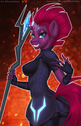 Size: 693x1071 | Tagged: safe, artist:bumblebun, part of a set, character:tempest shadow, species:anthro, species:pony, species:unicorn, my little pony: the movie (2017), armor, ass, breasts, broken horn, busty tempest shadow, eye scar, female, mare, scar, smiling, solo, staff, staff of sacanas, weapon