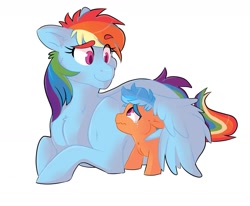 Size: 1700x1400 | Tagged: safe, artist:canisrettmajoris, character:rainbow dash, oc, oc:quick-witt, parent:quibble pants, parent:rainbow dash, parents:quibbledash, species:pegasus, species:pony, colt, crying, duo, female, hug, looking at each other, lying down, male, mare, momma dash, mother and son, offspring, raised eyebrow, simple background, smiling, thick eyebrows, white background, winghug