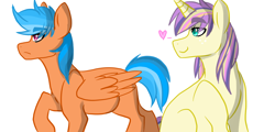 Size: 2500x1200 | Tagged: safe, artist:canisrettmajoris, oc, oc only, oc:apple gemstone, oc:quick-witt, parent:applejack, parent:quibble pants, parent:rainbow dash, parent:rarity, parents:quibbledash, parents:rarijack, species:pegasus, species:pony, species:unicorn, gay, heart, magical lesbian spawn, male, next generation, oc x oc, offspring, offspring shipping, one sided shipping, shipping, simple background, smiling, stallion, white background