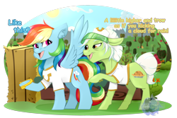 Size: 3000x2000 | Tagged: safe, artist:flysouldragon, character:granny smith, character:rainbow dash, species:pegasus, species:pony, episode:grannies gone wild, g4, my little pony: friendship is magic, adorasmith, apple, apple tree, chest fluff, clothing, cute, dashabetes, dialogue, ear fluff, food, game, hay bale, horseshoes, mane, shirt, simple background, spread wings, sun, sweet apple acres, t-shirt, transparent background, tree, wings