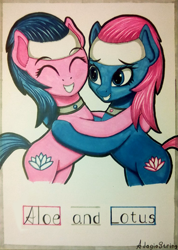 Size: 759x1064 | Tagged: safe, artist:adagiostring, character:aloe, character:lotus blossom, species:earth pony, species:pony, background pony, female, hug, mare, markers, sisters, sketch, spa pony, spa twins, traditional art