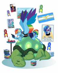 Size: 3994x5100 | Tagged: safe, artist:juicedane, artist:php130, character:daring do, character:dj pon-3, character:rainbow dash, character:tank, character:vinyl scratch, species:anthro, species:pegasus, species:pony, species:unguligrade anthro, can, candy, clothing, collaboration, colored wings, eating, feathered fetlocks, female, food, giant tortoise, hoodie, male, mare, multicolored wings, nintendo ds, older tank, poster, rainbow wings, realistic horse legs, short hair, simple background, sleeping, spread wings, table, tattoo, tortoise, twizzler, white background, wing claws, wings, wonderbolts poster
