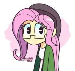 Size: 1280x1218 | Tagged: safe, artist:lilboulder, character:fluttershy, my little pony:equestria girls, clothing, female, hat, hipster, hipstershy, signature, solo