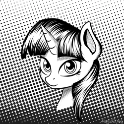Size: 2000x2000 | Tagged: safe, artist:adagiostring, character:twilight sparkle, black and white, bust, cannon, comic style, cute, eye, eyes, female, grayscale, monochrome, portrait, solo