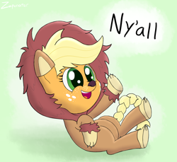 Size: 1944x1782 | Tagged: safe, artist:zaponator, character:applejack, animal costume, applelion, braided tail, clothing, costume, cute, fake ears, female, freckles, gradient background, green background, jackabetes, legs in air, nya, on back, open mouth, pun, simple background, smiling, solo, y'all