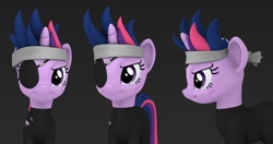 Size: 1072x564 | Tagged: safe, artist:hashbro, character:twilight sparkle, 3d, catsuit, eyepatch, future twilight, model, scar, wip