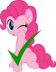 Size: 785x1000 | Tagged: safe, artist:spookitty, part of a set, character:pinkie pie, species:earth pony, species:pony, blep, check mark, cute, diapinkes, female, looking at you, mare, movie accurate, one eye closed, silly, simple background, sitting, smiling, solo, tongue out, transparent background, wink