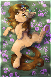 Size: 1024x1536 | Tagged: safe, artist:serenity, oc, oc only, oc:snapple, floral head wreath, flower, hoof in air, hooves, solo, sunlight, ych result