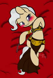 Size: 1000x1477 | Tagged: safe, artist:rainbowdrool, character:mayor mare, adorasexy, bedroom eyes, bikini, blushing, chains, clothing, crossover, cute, loincloth, looking at you, on back, sexy, slave, slave leia outfit, slave outfit, smiling, star wars, swimsuit