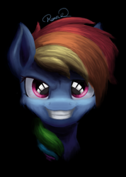Size: 661x927 | Tagged: safe, artist:ravistdash, derpibooru original, character:rainbow dash, species:pony, black background, bust, colored, cool, female, grin, looking at you, portrait, simple background, smiling, solo