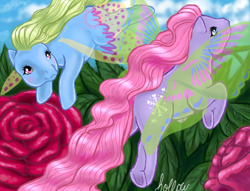 Size: 470x360 | Tagged: safe, artist:hollowzero, g1, duo, flower, flurry (g1), flying, whirly, windy wing ponies, winger pony