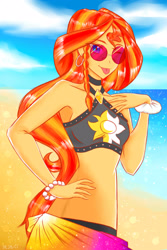 Size: 2362x3543 | Tagged: safe, artist:dragonemperror2810, character:sunset shimmer, equestria girls:forgotten friendship, g4, my little pony: equestria girls, my little pony:equestria girls, armpits, beach, bikini, blep, bracelet, braid, clothing, cloud, cute, ear piercing, earring, female, jewelry, looking at you, midriff, ocean, one eye closed, piercing, pixiv, sand, shimmerbetes, silly, sky, solo, sparkling, summer sunset, sunglasses, swimsuit, tongue out, water, wink