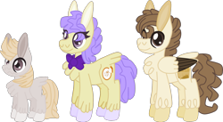 Size: 2333x1281 | Tagged: safe, artist:casanova-mew, character:cream puff, character:pound cake, oc, oc:taffy, parent:cream puff, parent:pound cake, species:earth pony, species:pegasus, species:pony, female, male, older, parents:poundpuff, poundpuff, simple background, straight, transparent background, two toned wings, wavy mouth