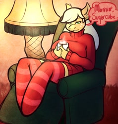 Size: 1500x1574 | Tagged: safe, artist:sheela, character:applejack, species:anthro, a christmas story, anatomically incorrect, big breasts, breasts, busty applejack, chair, clothing, coffee, coffee mug, dialogue, female, incorrect leg anatomy, lamp, leg lamp, major award, socks, solo, speech bubble, stockings, striped socks, sweater, sweater puppies