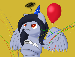 Size: 1600x1200 | Tagged: safe, artist:hartenas, oc, oc only, oc:gloomy mark, species:pegasus, species:pony, balloon, birthday, clothing, female, grumpy, hat, mare, party hat, simple background, solo, streamers