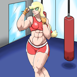 Size: 1024x1024 | Tagged: safe, artist:korencz11, character:applejack, species:human, abs, applejacked, armpits, boxing, clothing, female, hatless, humanized, midriff, missing accessory, muscles, solo, sports, sports bra, swole