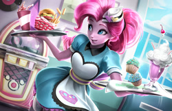 Size: 1545x1000 | Tagged: safe, artist:imdrunkontea, character:pinkie pie, episode:coinky-dink world, episode:pinkie pie: snack psychic, eqg summertime shorts, g4, my little pony: equestria girls, my little pony:equestria girls, apron, beautiful, burger, cafe, carhop, cheeseburger, clothing, cup, cupcake, cute, diapinkes, diner, dress, fast food, female, food, grin, hamburger, hat, huggable, jukebox, looking sideways, milkshake, record, roller skates, server pinkie pie, smiling, soda, solo, straw, waitress