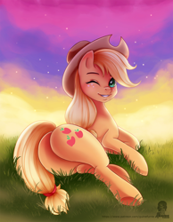 Size: 900x1157 | Tagged: safe, artist:guinefurrie, character:applejack, applebutt, clothing, cowboy hat, cutie mark, female, freckles, grass, hat, looking at you, looking back, on side, one eye closed, plot, rear view, sexy, smiling, solo, stars, stetson, stupid sexy applejack, sunset, underhoof, wink