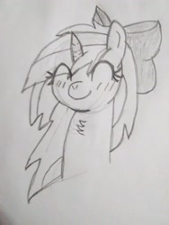 Size: 1944x2592 | Tagged: safe, artist:darkwolfhybrid, oc, oc only, oc:seafood dinner, species:pony, species:unicorn, blushing, bow, bust, chest fluff, cute, sketch, solo, traditional art