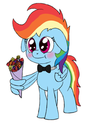 Size: 1252x1735 | Tagged: safe, artist:zaponator, character:rainbow dash, species:pony, blushing, bouquet, bow tie, cute, dashabetes, female, floppy ears, mare, smiling, solo, wing hold