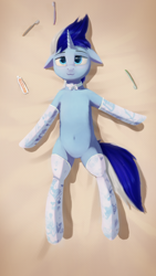 Size: 1080x1920 | Tagged: safe, artist:quvr, character:minuette, species:pony, species:unicorn, belly button, blushing, bow, clothing, female, looking at you, lying down, socks, solo, toothbrush, toothpaste