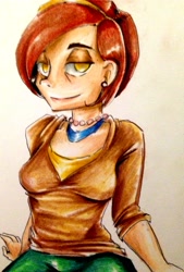 Size: 2197x3245 | Tagged: safe, artist:nolyanimeid, character:stellar flare, species:human, episode:the parent map, g4, clothing, female, humanized, shirt, simple background, smiling, solo, traditional art