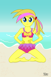Size: 2000x3000 | Tagged: safe, artist:thunderdasher07, oc, oc only, oc:mist dasher, my little pony:equestria girls, beach, belly button, bikini, bikini top, clothing, equestria girls-ified, frilled swimsuit, hands on waist, kneeling, ponytail, solo, swimsuit