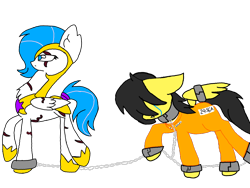 Size: 1024x768 | Tagged: safe, artist:gina, artist:thunder burst, oc, oc only, oc:gina, oc:thunder burst, species:pegasus, species:pony, bound wings, chained, clothing, collaboration, collar, crying, prison, prison guard position, prison outfit, prisoner, royal guard, shackles, simple background, transparent background