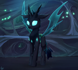 Size: 1383x1238 | Tagged: safe, artist:quvr, character:thorax, species:changeling, species:reformed changeling, alternate design, changeling hive, chest fluff, cute, dark changedling, fangs, featured on derpibooru, fluffy, frown, glowing eyes, male, solo, spread wings, thorabetes, wings