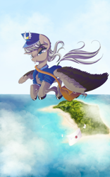 Size: 2000x3208 | Tagged: safe, artist:hagalazka, oc, oc only, species:pegasus, species:pony, clothing, commission, female, flying, hat, island, mail, mailbag, mailmare, mare, not derpy, shirt, solo, tail wrap, ych result